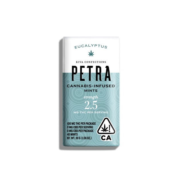 Kiva Petra mints is a new way to medicate from the makers of the award-winning and famous “triple strength” Kiva 180mg Chocolate Bars. 105mg THC | 2.5mg THC
